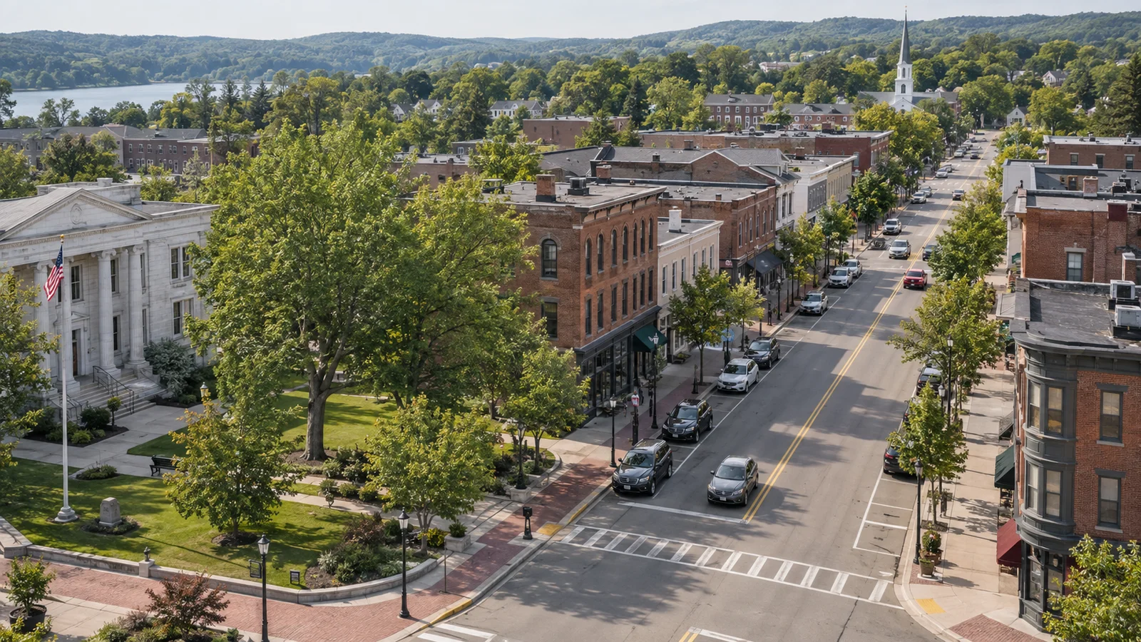 Illustrative town main street with brick storefronts, sidewalks and a municipal building